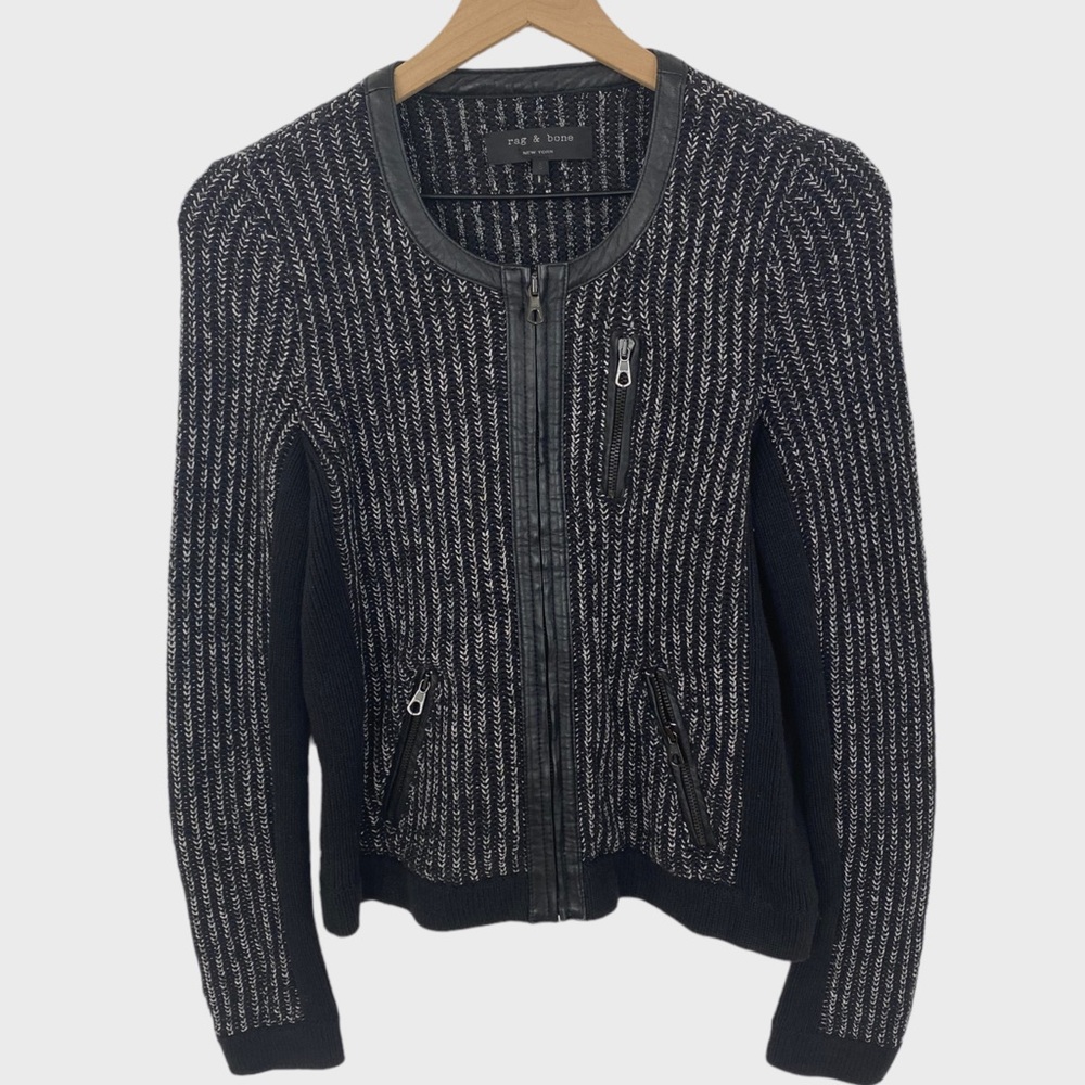 Rag & Bone Black Knit Lamb Leather Trim Zip Front Cardigan Jacket Small